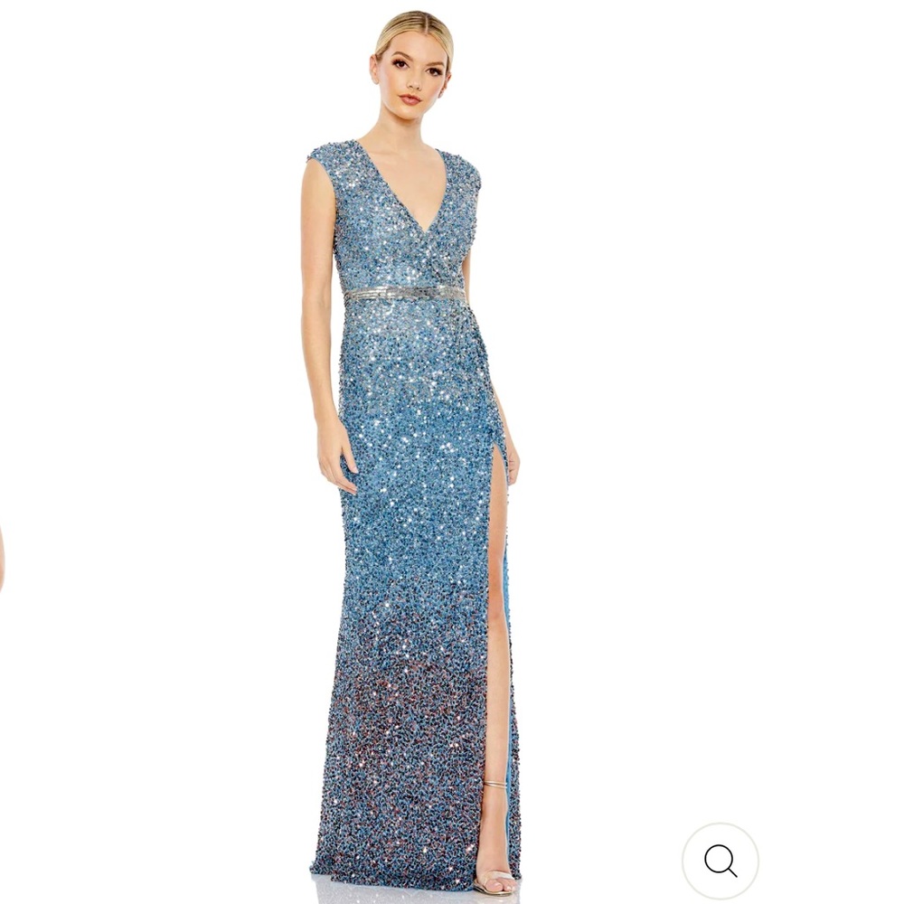 NWT Mac Duggal Gorgeous Blue Goddess Sexy Seqin To The Floor High Slit Gown